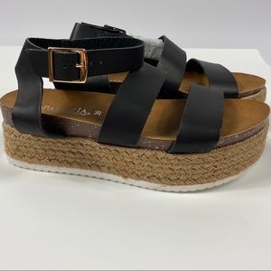 Platform Black Leather Strap Sandals